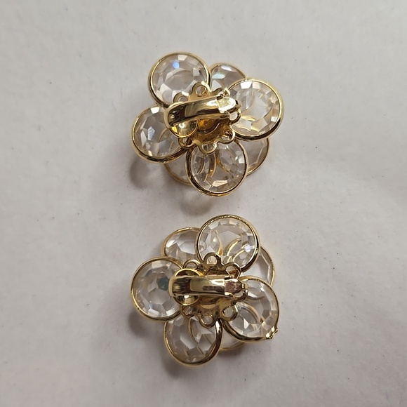 Vintage 90s Clear Circle Crystal Flower Design Gold-Tone Clip-On Earrings EUC - Picture 2 of 4